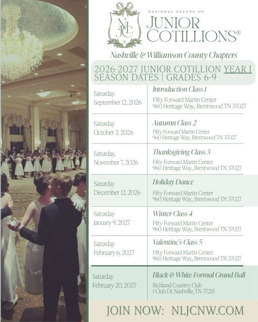 NLJC Junior Cotillion Nashville Williamson 2026-2027 Schedule